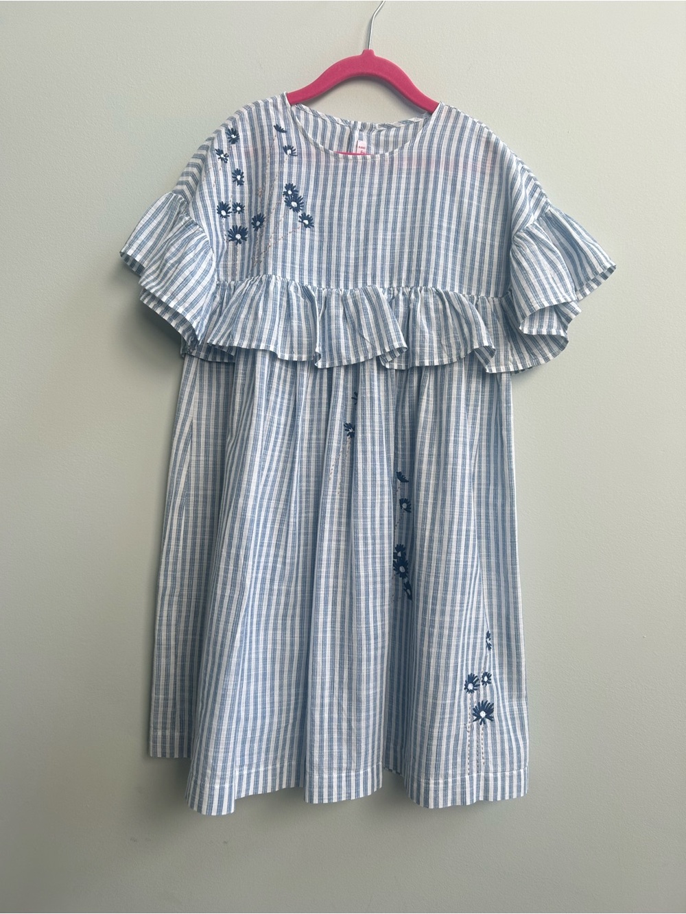 IL Gufo Girl’s Size 8 Years Blue & White Striped Embroidered Cotton Ruffle Dress